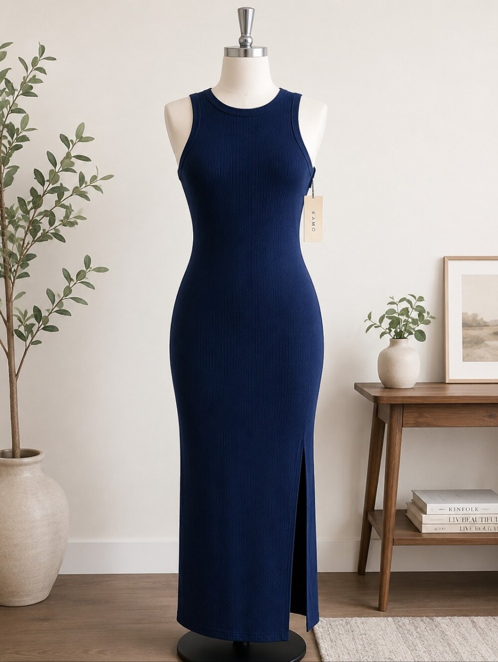 KAMO Navy Blue Ribbed Bodycon Maxi Dress Sleeveless Stretch Medium NWT